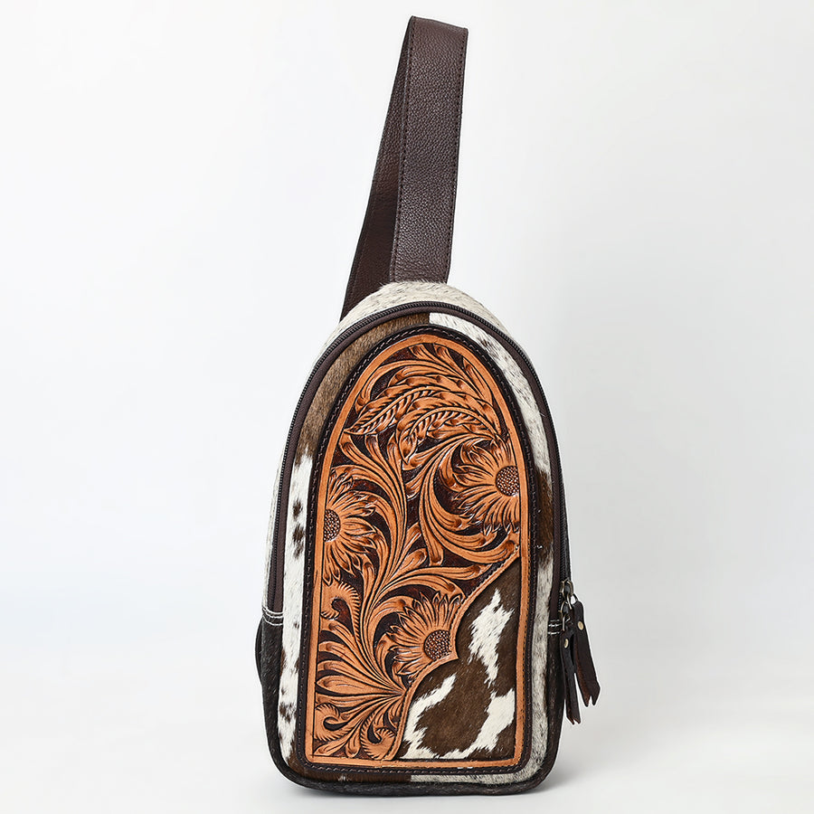 American Darling Sling Bag - Hand Tooled Floral Carved, Hair-On Cowhide, Eco-Friendly Vegetable Tanned Genuine Leather