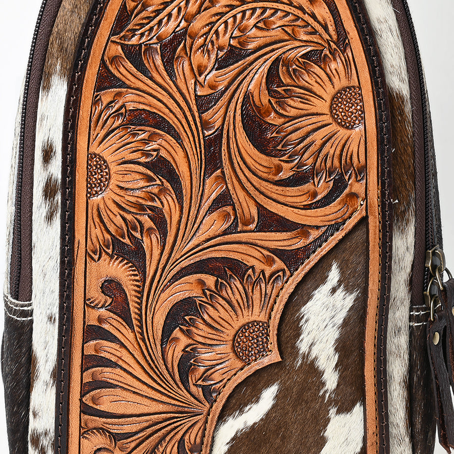 American Darling Sling Bag - Hand Tooled Floral Carved, Hair-On Cowhide, Eco-Friendly Vegetable Tanned Genuine Leather