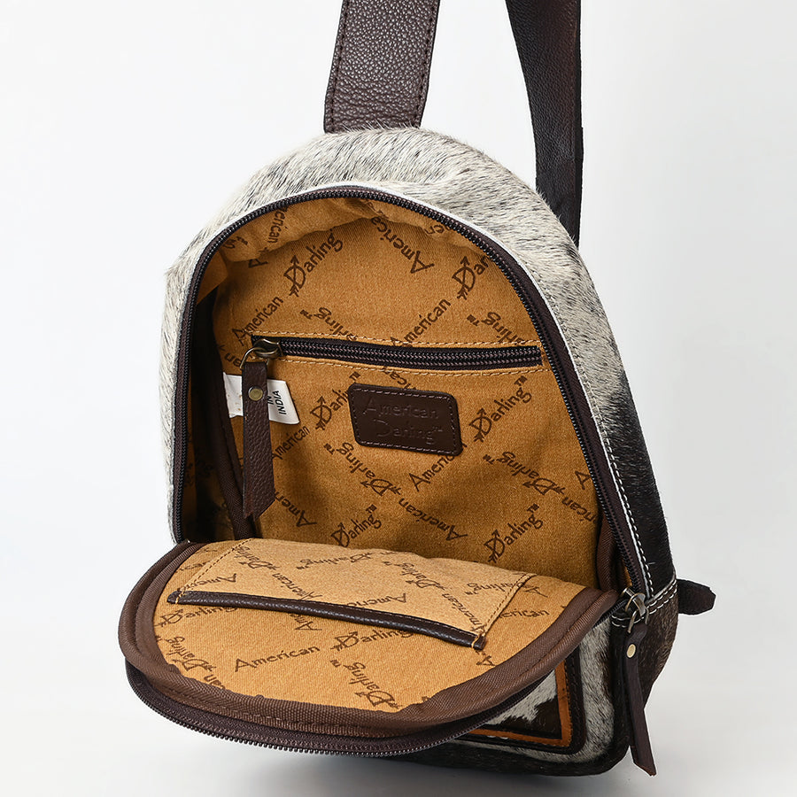 American Darling Sling Bag - Hand Tooled Floral Carved, Hair-On Cowhide, Eco-Friendly Vegetable Tanned Genuine Leather