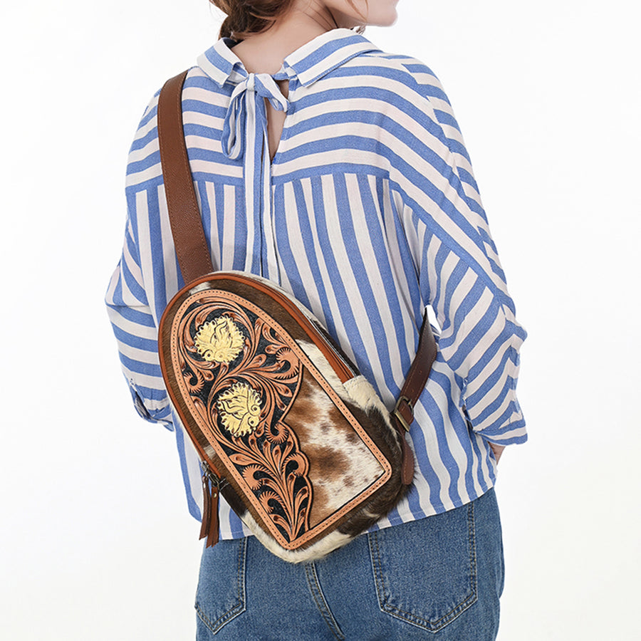 American Darling Sling Bag - Hand Tooled Floral Carved, Hair-On Cowhide, Eco-Friendly Vegetable Tanned Genuine Leather
