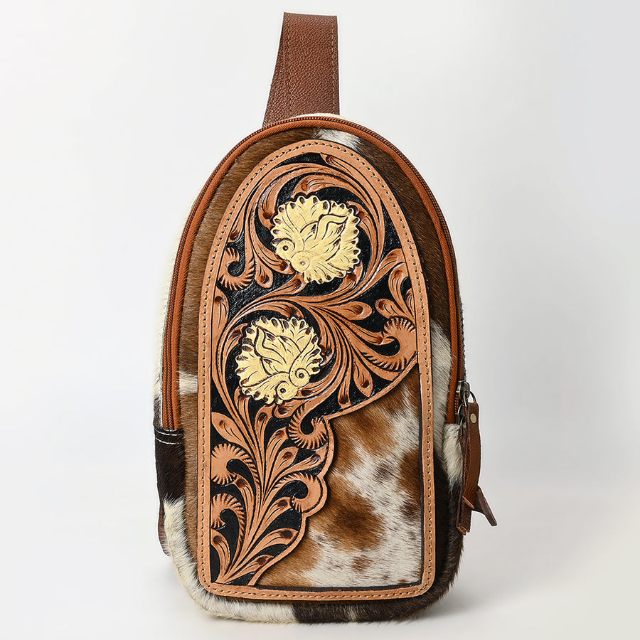 American Darling Sling Bag - Hand Tooled Floral Carved, Hair-On Cowhide, Eco-Friendly Vegetable Tanned Genuine Leather