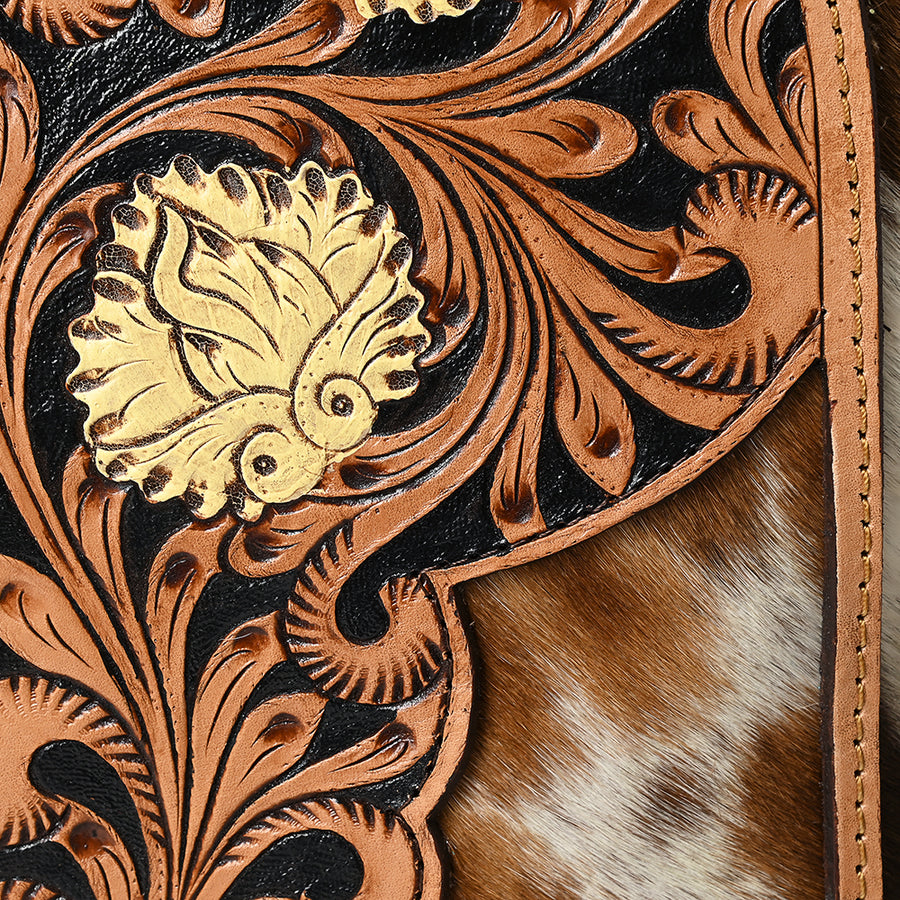 American Darling Sling Bag - Hand Tooled Floral Carved, Hair-On Cowhide, Eco-Friendly Vegetable Tanned Genuine Leather