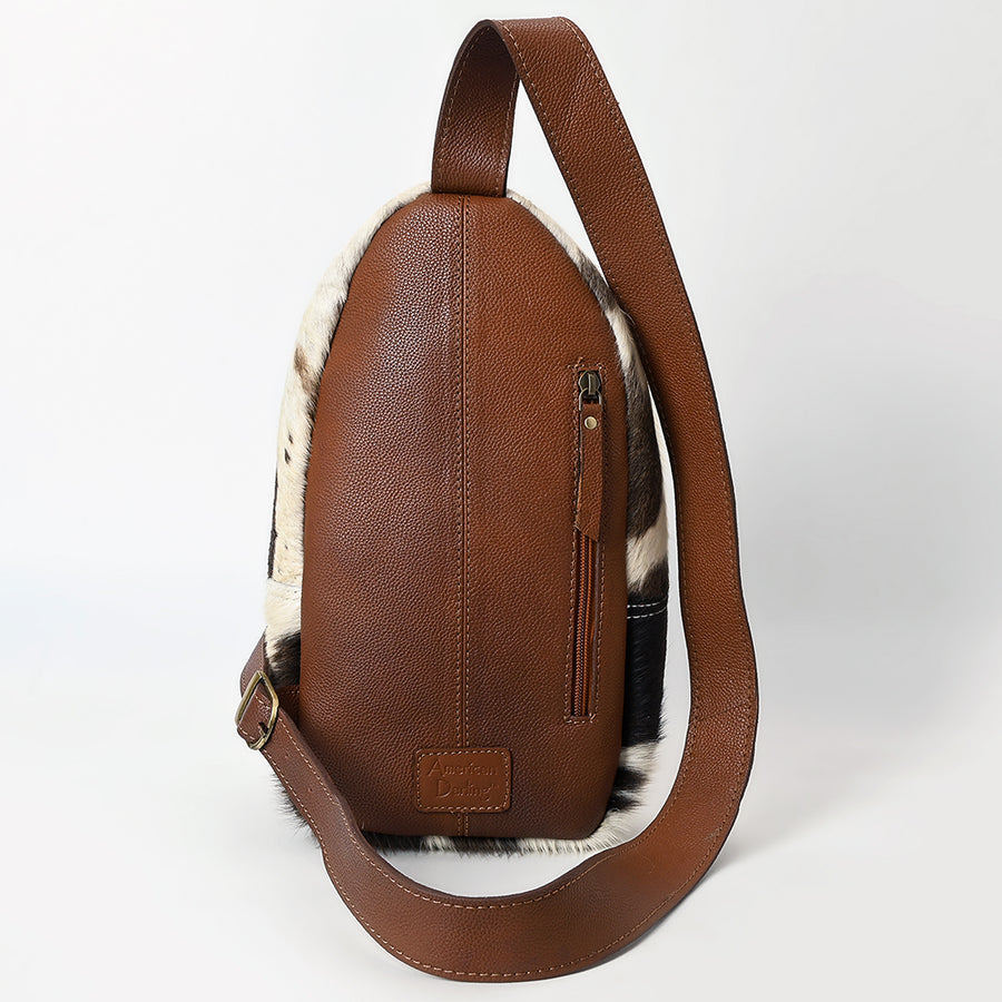 American Darling Sling Bag - Hand Tooled Floral Carved, Hair-On Cowhide, Eco-Friendly Vegetable Tanned Genuine Leather