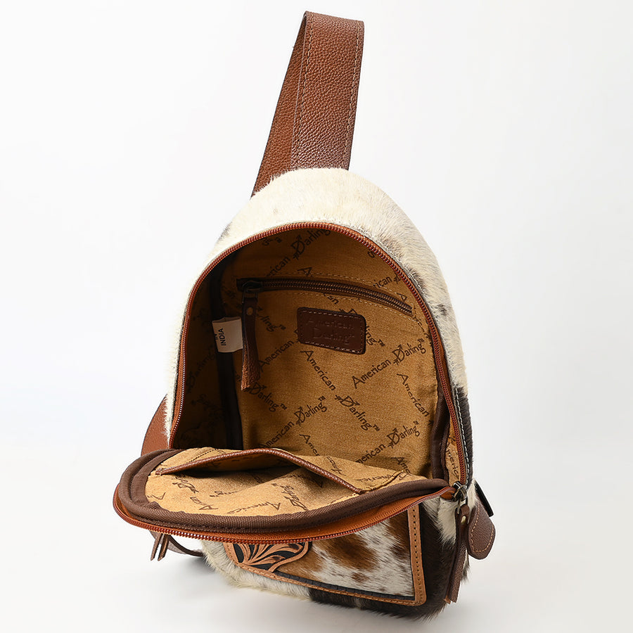 American Darling Sling Bag - Hand Tooled Floral Carved, Hair-On Cowhide, Eco-Friendly Vegetable Tanned Genuine Leather