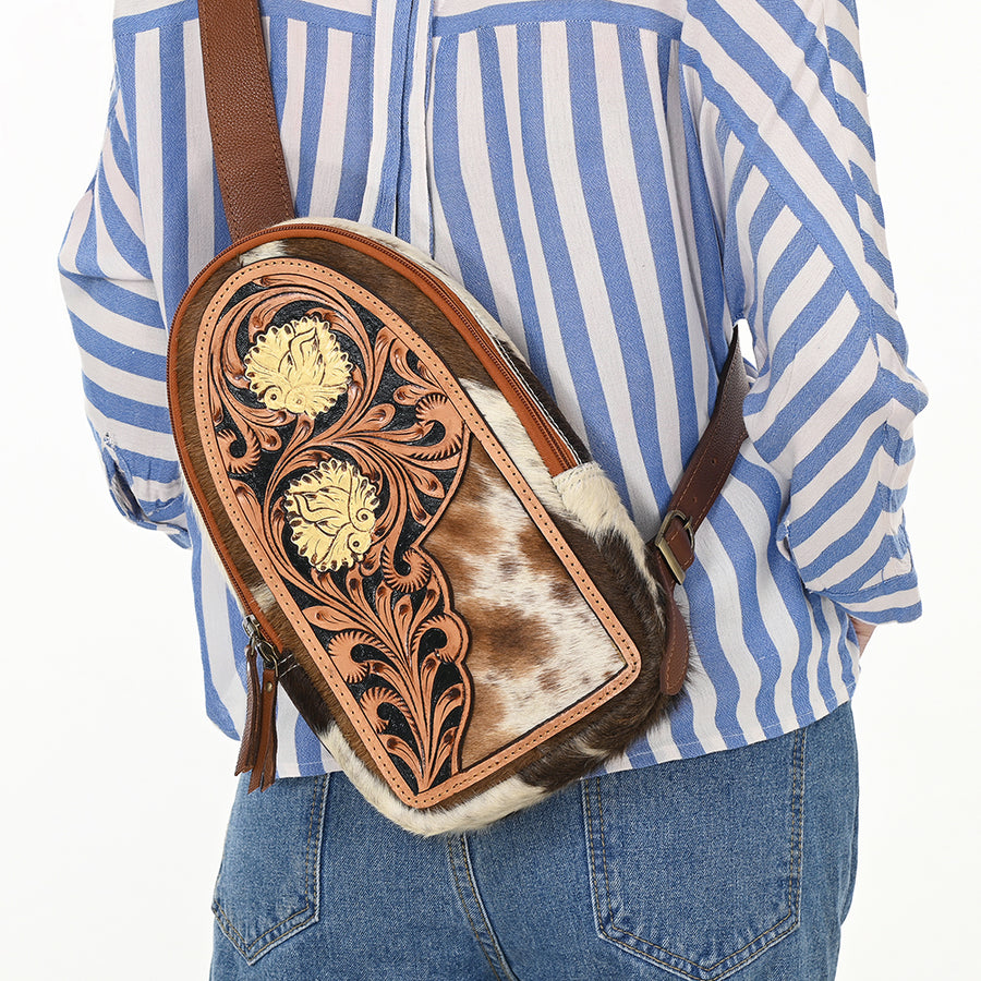 American Darling Sling Bag - Hand Tooled Floral Carved, Hair-On Cowhide, Eco-Friendly Vegetable Tanned Genuine Leather