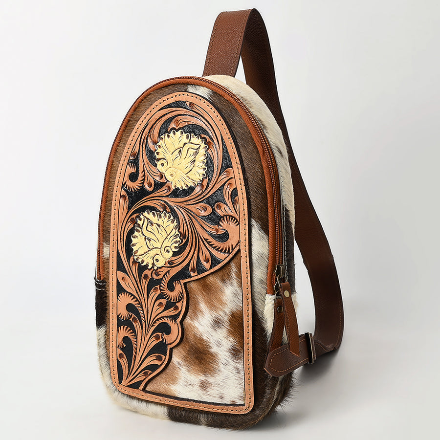 American Darling Hand Tooled Floral Carved Hair-On Cowhide Sling Bag - Uhorse
