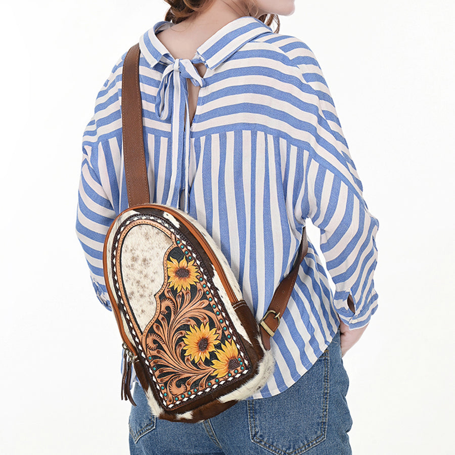 American Darling Sling Bag - Hand Tooled Floral Carved, Hair-On Cowhide, Eco-Friendly Vegetable Tanned Genuine Leather