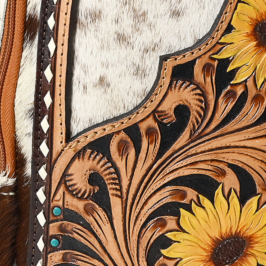 American Darling Sling Bag - Hand Tooled Floral Carved, Hair-On Cowhide, Eco-Friendly Vegetable Tanned Genuine Leather