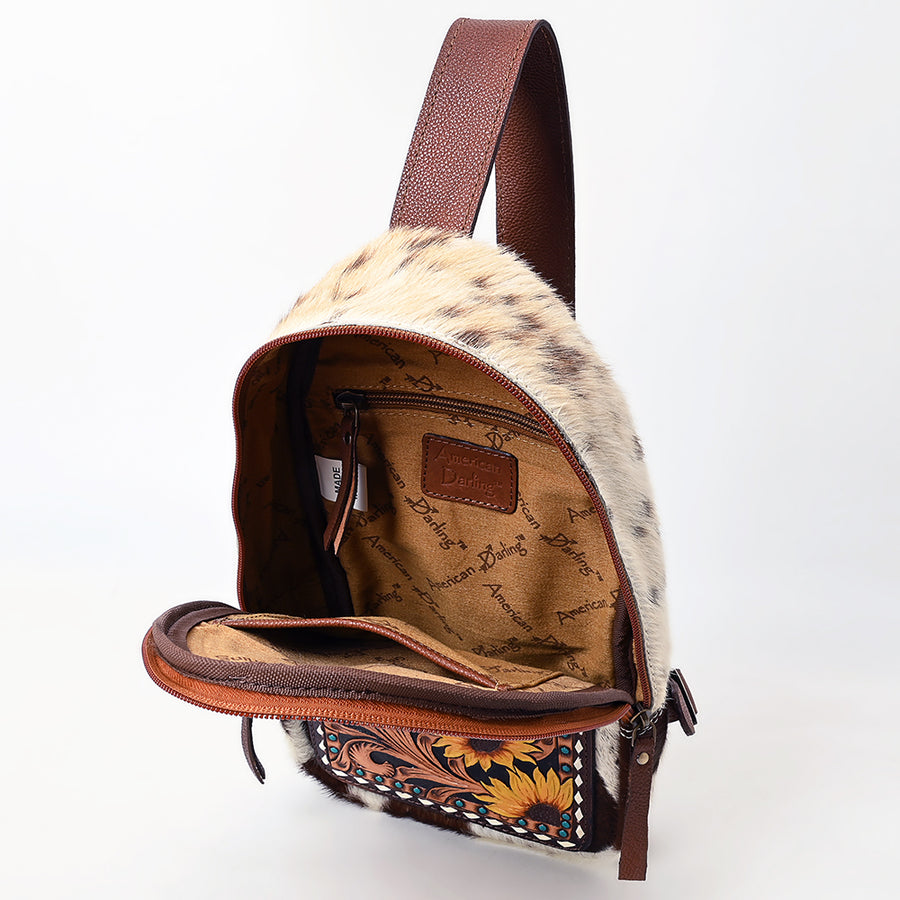 American Darling Sling Bag - Hand Tooled Floral Carved, Hair-On Cowhide, Eco-Friendly Vegetable Tanned Genuine Leather