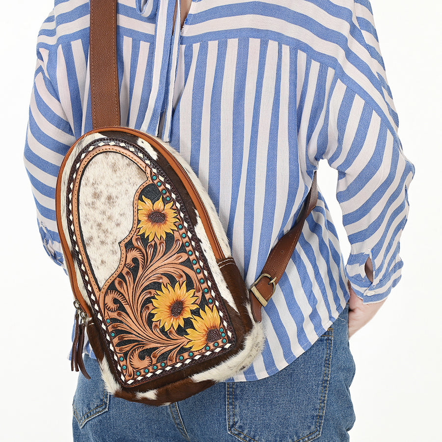 American Darling Sling Bag - Hand Tooled Floral Carved, Hair-On Cowhide, Eco-Friendly Vegetable Tanned Genuine Leather