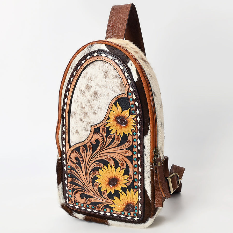 American Darling Hand Tooled Floral Carved Hair-On Cowhide Sling Bag - Uhorse