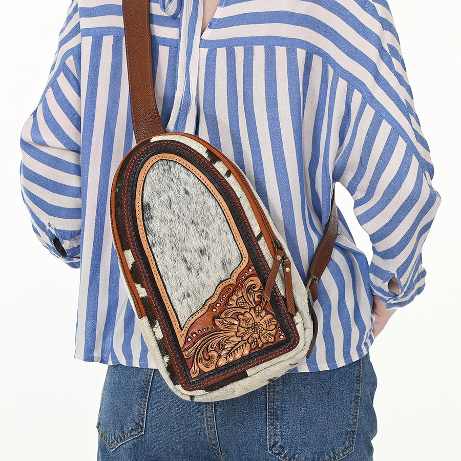 American Darling Sling Bag - Hand Tooled Floral Carved, Hair-On Cowhide, Eco-Friendly Vegetable Tanned Genuine Leather