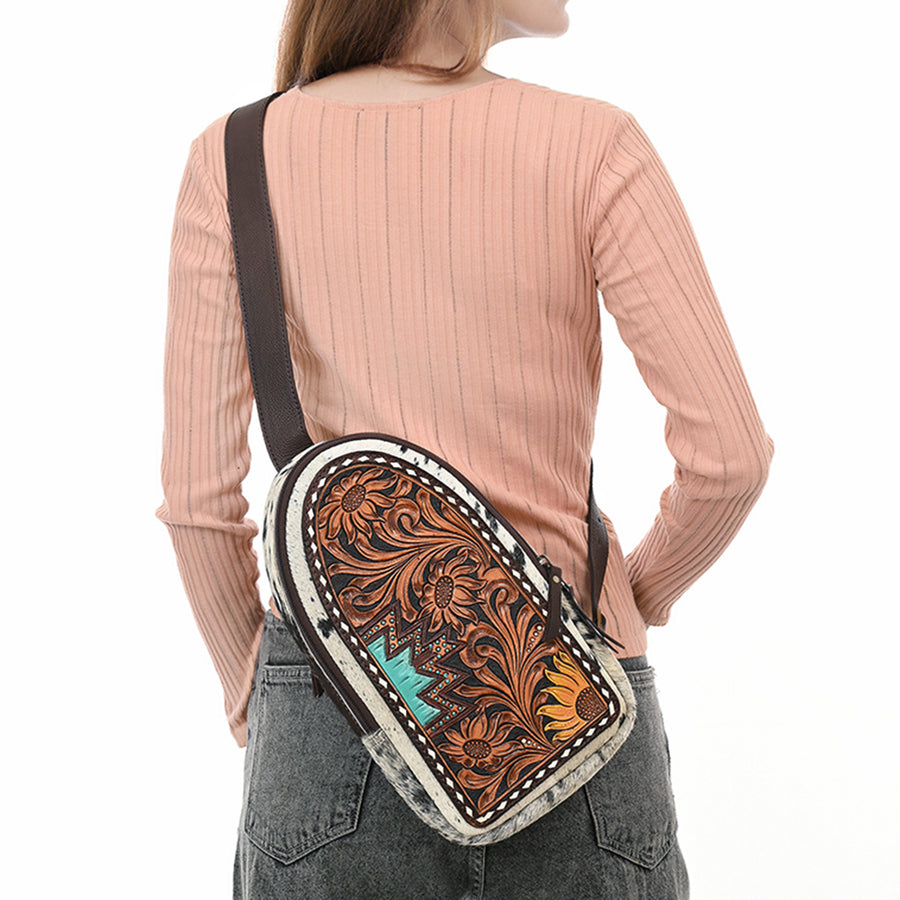 American Darling Sling Bag - Hand Tooled Floral Carved, Hair-On Cowhide, Eco-Friendly Vegetable Tanned Genuine Leather