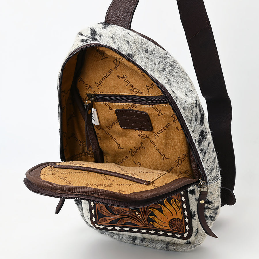 American Darling Sling Bag - Hand Tooled Floral Carved, Hair-On Cowhide, Eco-Friendly Vegetable Tanned Genuine Leather