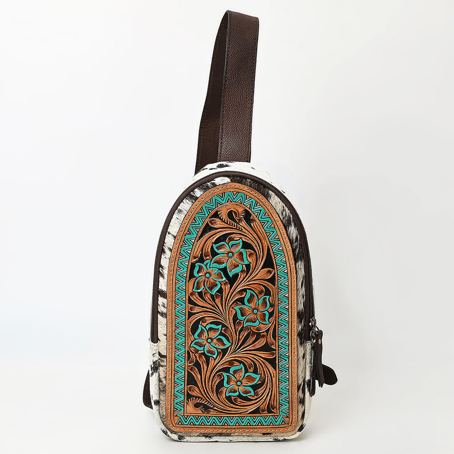 American Darling Sling Bag - Hand Tooled Floral Carved, Hair-On Cowhide, Eco-Friendly Vegetable Tanned Genuine Leather