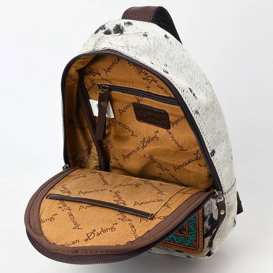 American Darling Sling Bag - Hand Tooled Floral Carved, Hair-On Cowhide, Eco-Friendly Vegetable Tanned Genuine Leather