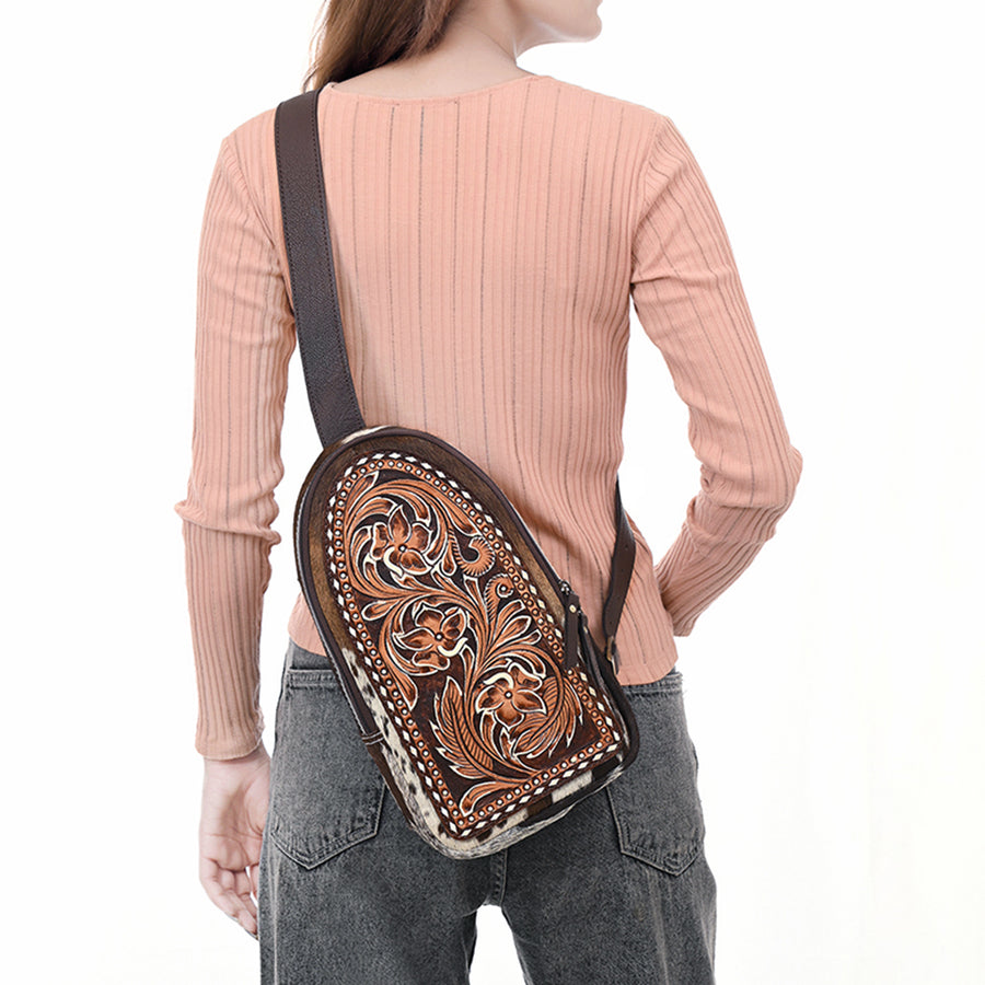 American Darling Sling Bag - Hand Tooled Floral Carved, Hair-On Cowhide, Eco-Friendly Vegetable Tanned Genuine Leather