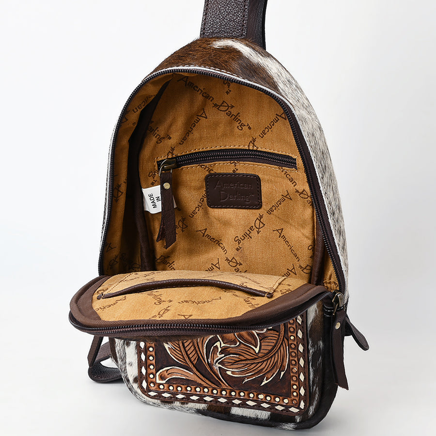 American Darling Sling Bag - Hand Tooled Floral Carved, Hair-On Cowhide, Eco-Friendly Vegetable Tanned Genuine Leather