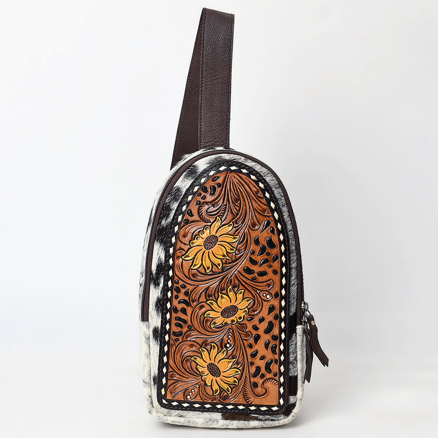 American Darling Sling Bag - Buck Stitched Floral Carved Hair-On Cowhide, Eco-Friendly Vegetable Tanned Genuine Leather