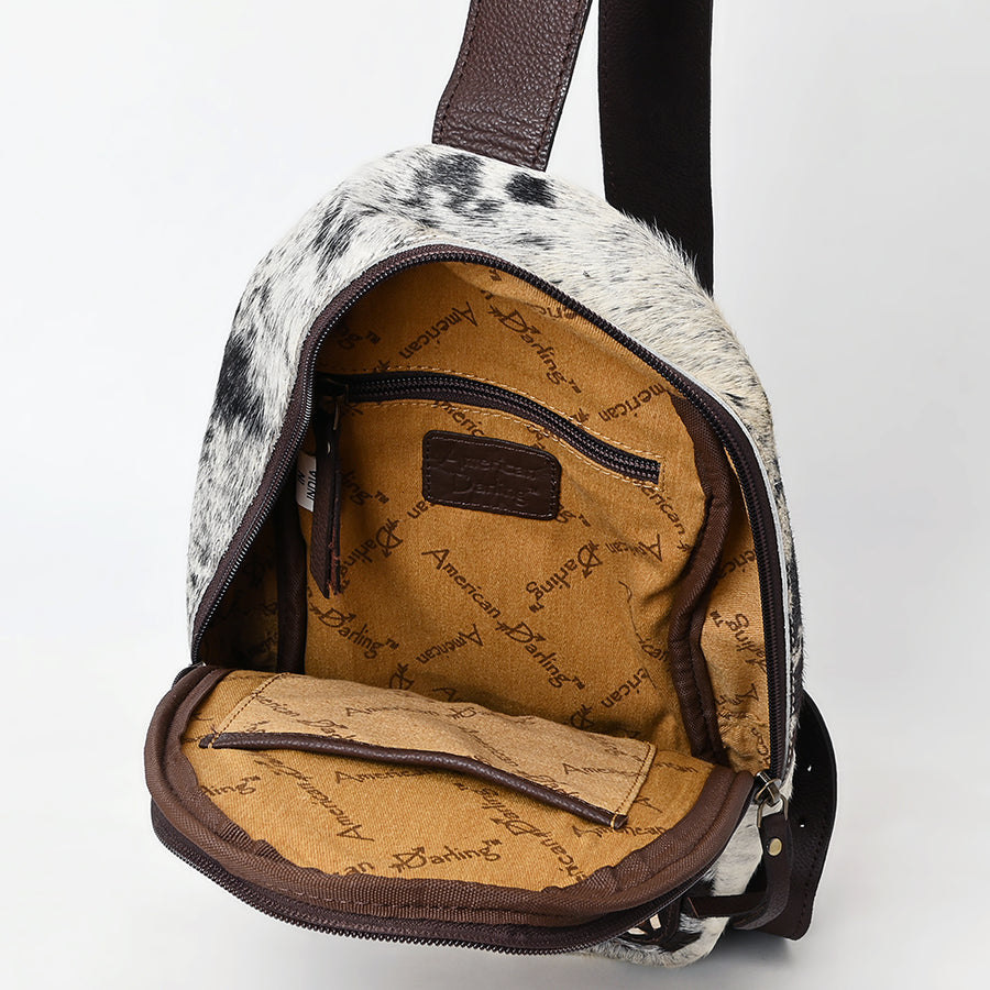 American Darling Sling Bag - Buck Stitched Floral Carved Hair-On Cowhide, Eco-Friendly Vegetable Tanned Genuine Leather