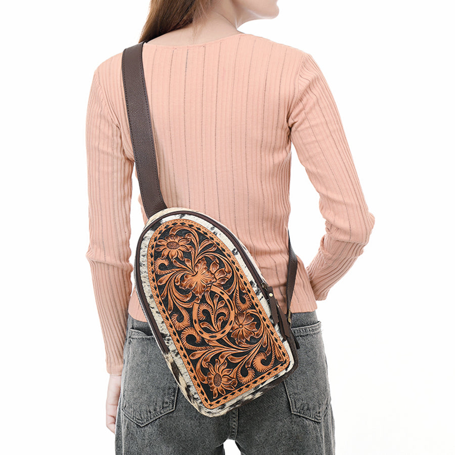 American Darling Sling Bag - Buck Stitched Floral Carved Hair-On Cowhide, Eco-Friendly Vegetable Tanned Genuine Leather