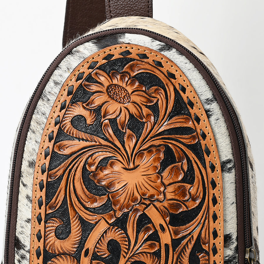 American Darling Sling Bag - Buck Stitched Floral Carved Hair-On Cowhide, Eco-Friendly Vegetable Tanned Genuine Leather