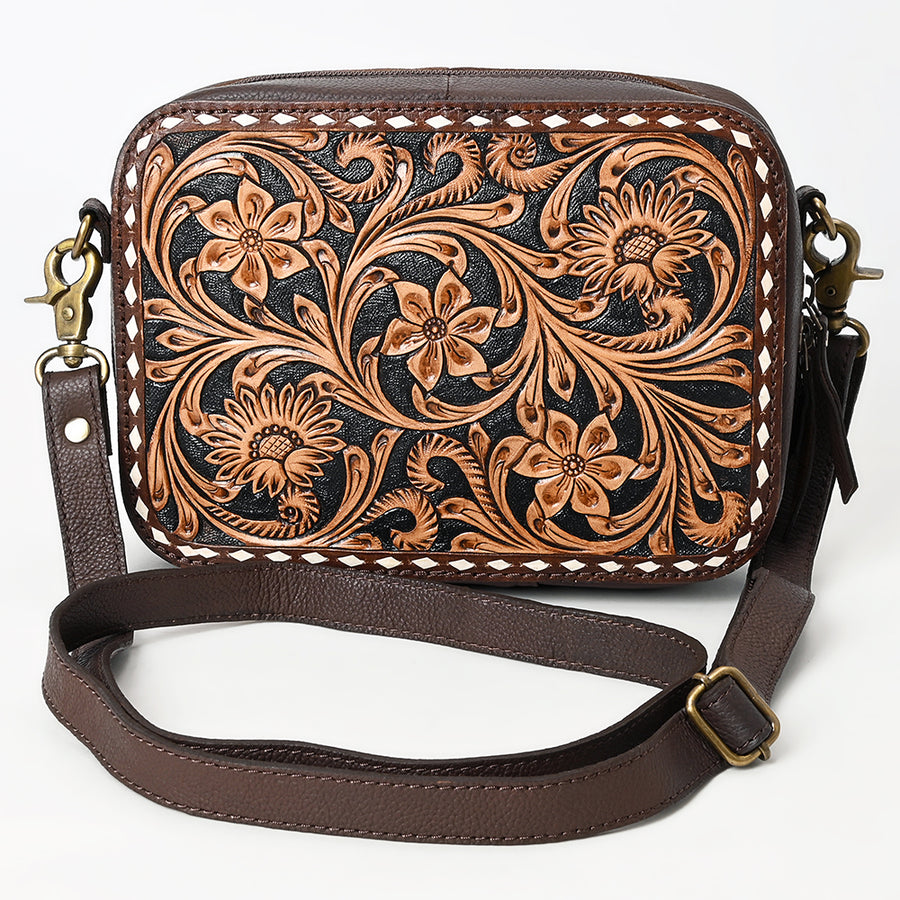 American Darling Camera Bag - Buck Stitched Floral Carved, Eco-Friendly Vegetable Tanned Genuine Leather, Tooled Crossbody