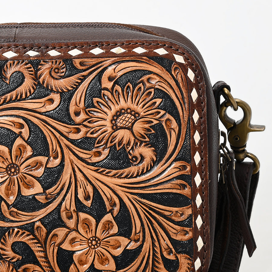 American Darling Camera Bag - Buck Stitched Floral Carved, Eco-Friendly Vegetable Tanned Genuine Leather, Tooled Crossbody