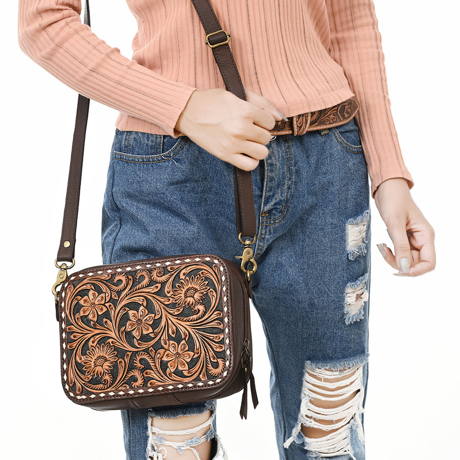 American Darling Camera Bag - Buck Stitched Floral Carved, Eco-Friendly Vegetable Tanned Genuine Leather, Tooled Crossbody