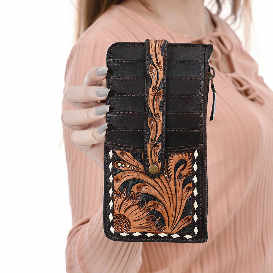 American Darling Card Holder - Buck Stitched Floral Carved, Eco-Friendly Vegetable Tanned Full Grain Leather, Western Wallet