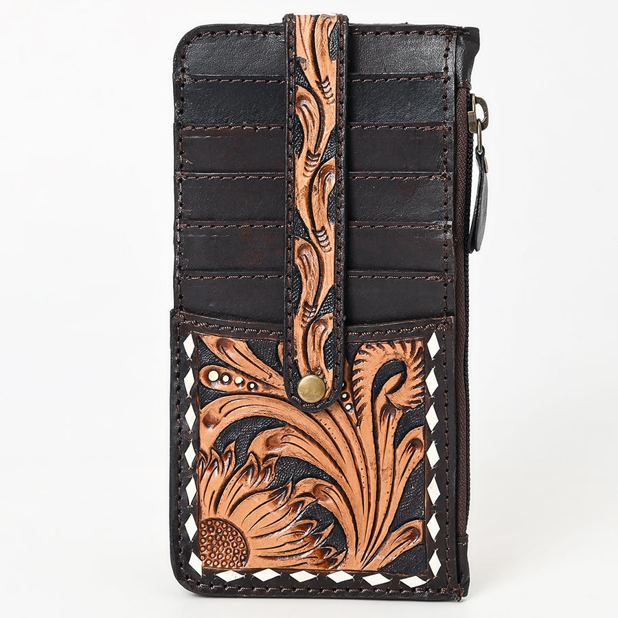 American Darling Card Holder - Buck Stitched Floral Carved, Eco-Friendly Vegetable Tanned Full Grain Leather, Western Wallet