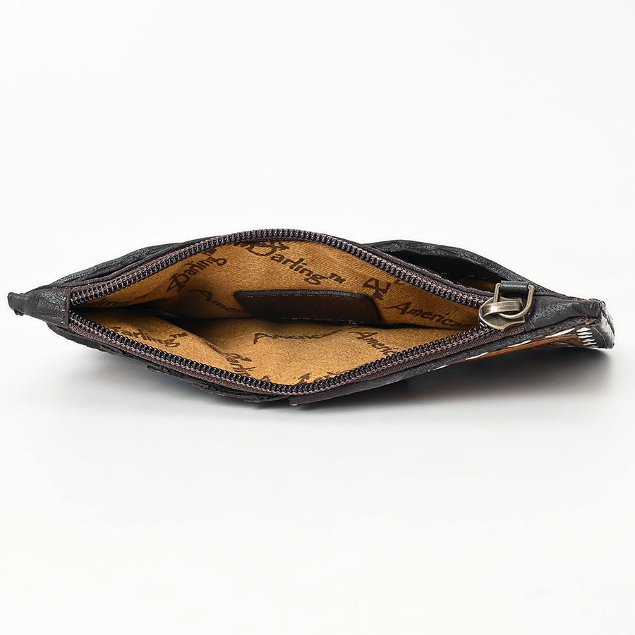 American Darling Card Holder - Buck Stitched Floral Carved, Eco-Friendly Vegetable Tanned Full Grain Leather, Western Wallet