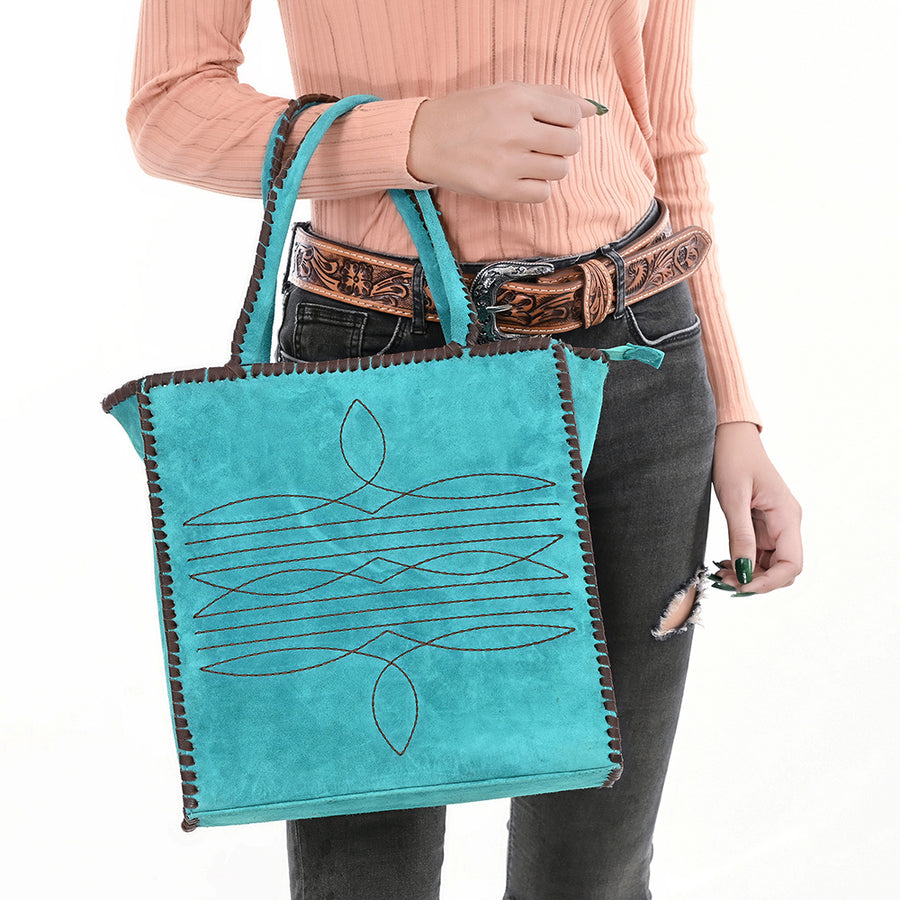 American Darling Tote Bag - Boot Stitched, Braided, Eco-Friendly Vegetable Tanned Genuine Suede Leather, Western Leather Handbag