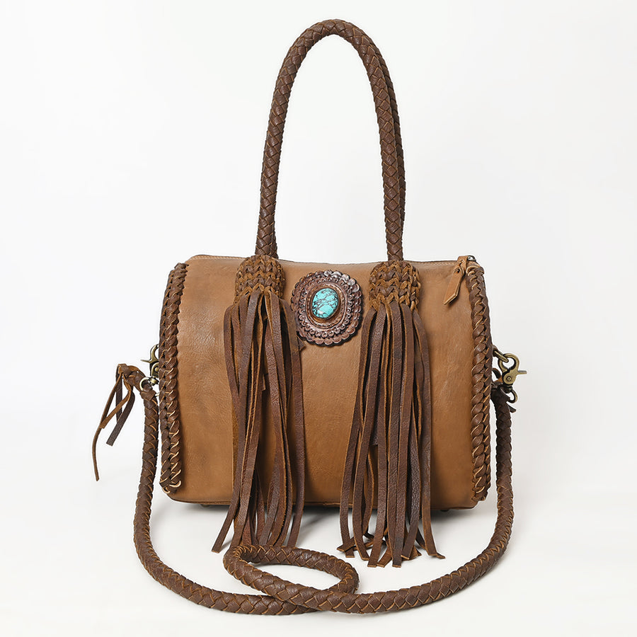 American Darling Speedy Bag Western Genuine Leather Handcrafted Purse with Fringes, Braided Handles and Turquoise Stone