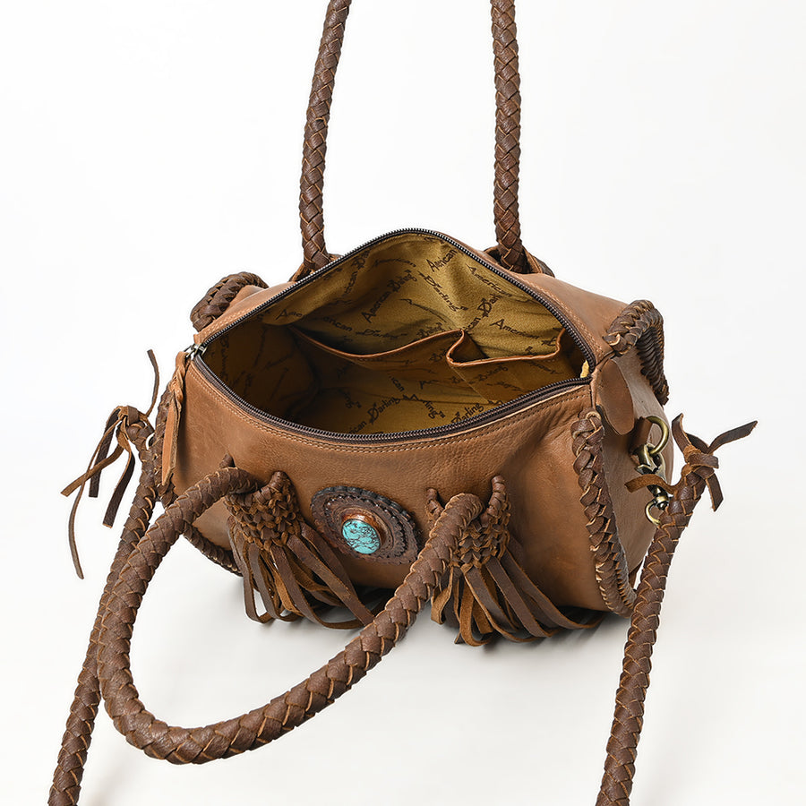 American Darling Speedy Bag Western Genuine Leather Handcrafted Purse with Fringes, Braided Handles and Turquoise Stone