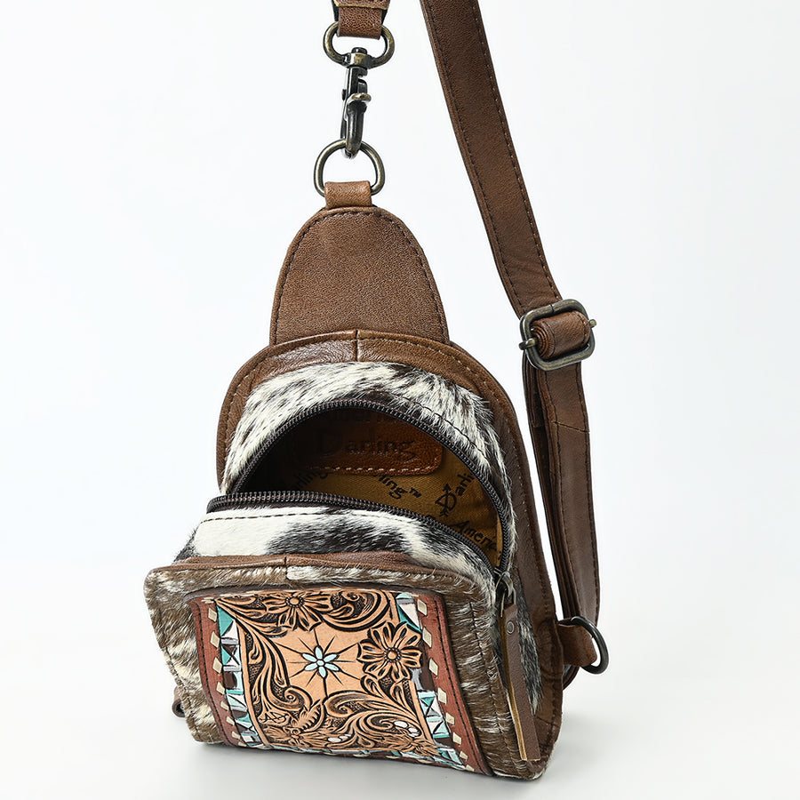 American Darling Sling Beautifully Hand Tooled Hair-On Genuine Leather women bag western handbag purse | Fanny Pack for