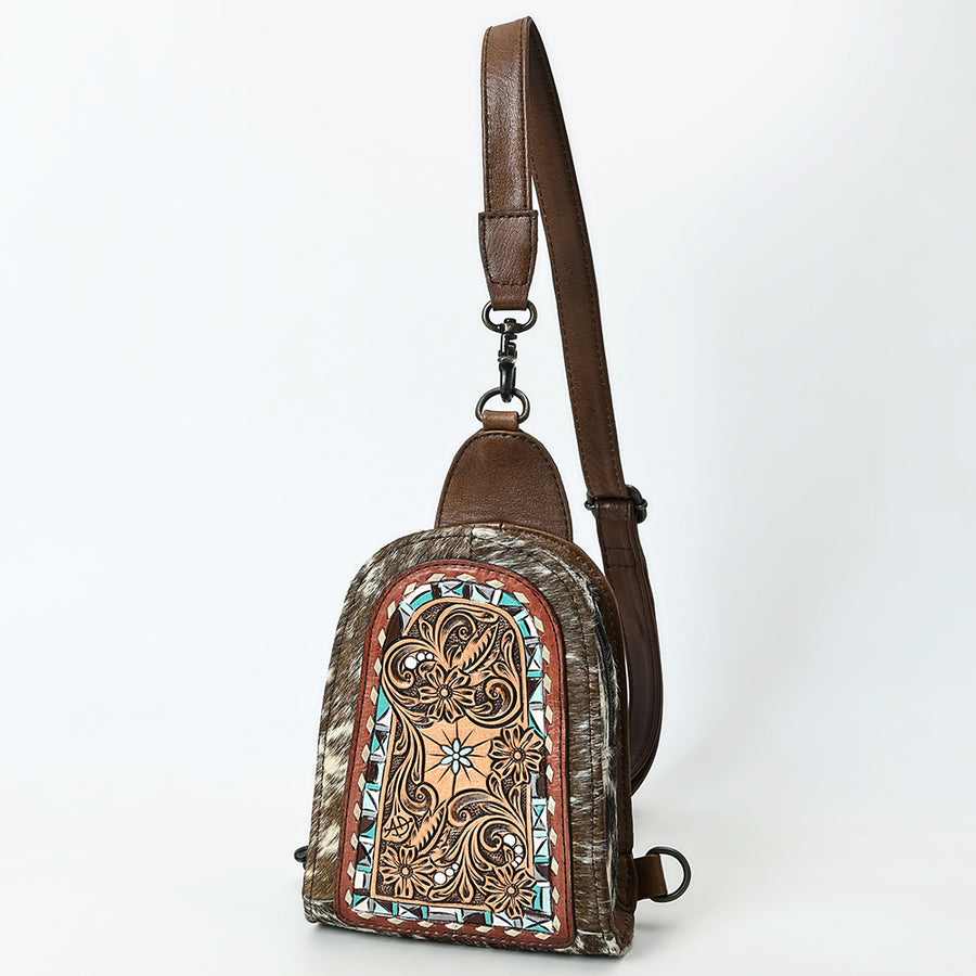 American Darling Handcrafted Western Leather Sling Bag with Hair-On Cowhide and Hand-Tooled Details - Uhorse