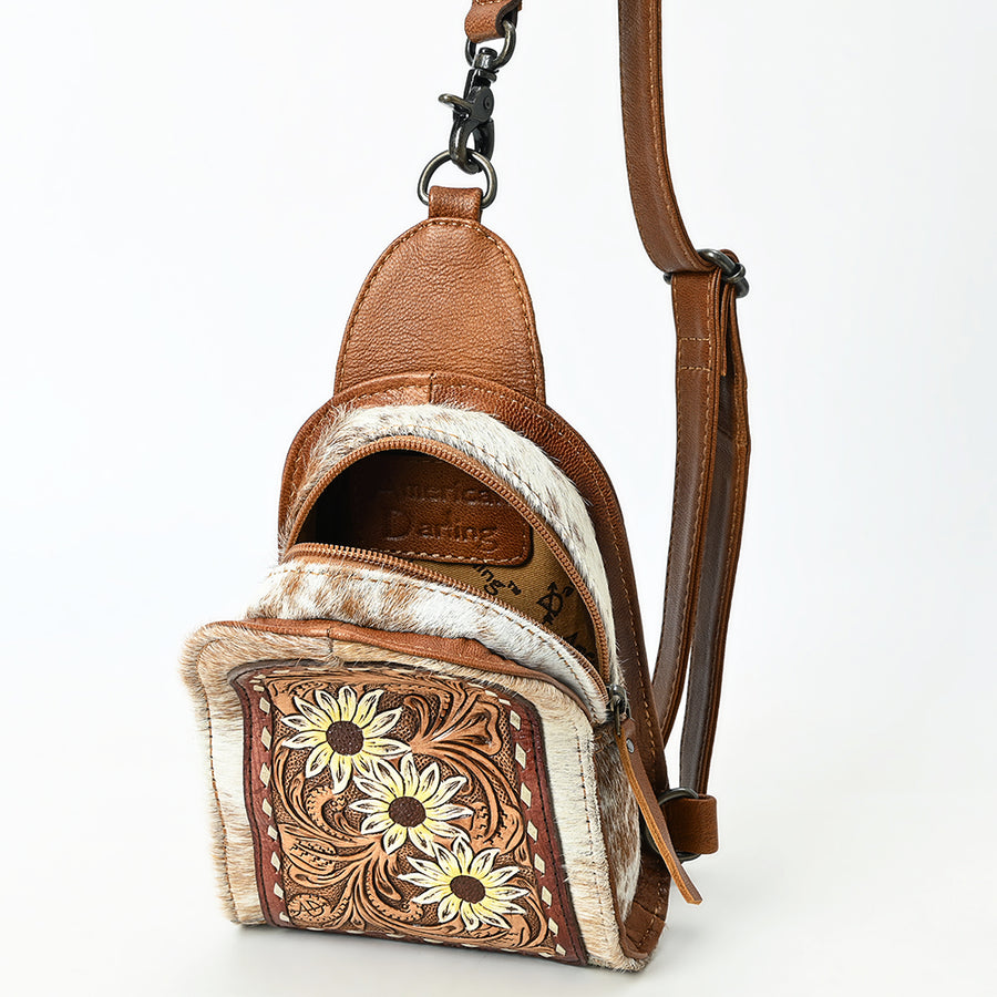 American Darling Sling Beautifully Hand Tooled Hair-On Genuine Leather women bag western handbag purse | Fanny Pack for