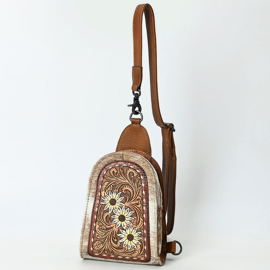American Darling Handcrafted Western Leather Sling Bag with Hair-On Cowhide and Hand-Tooled Details - Uhorse
