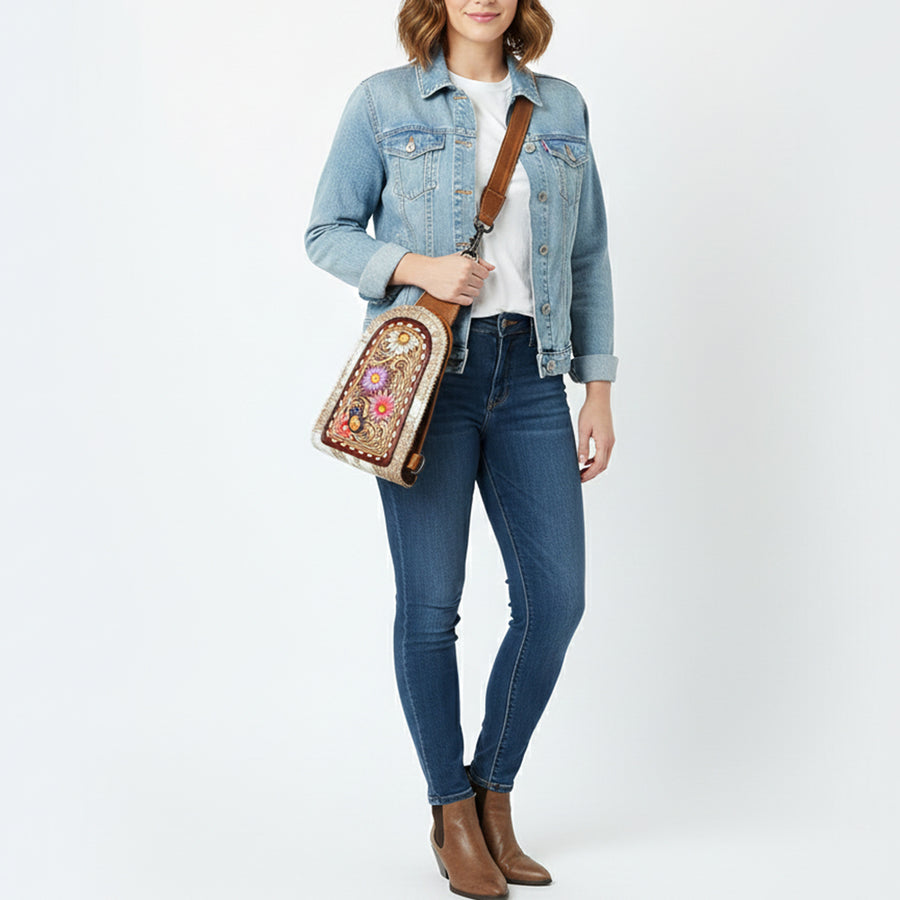 American Darling Sling Beautifully Hand Tooled Hair-On Genuine Leather women bag western handbag purse | Fanny Pack for