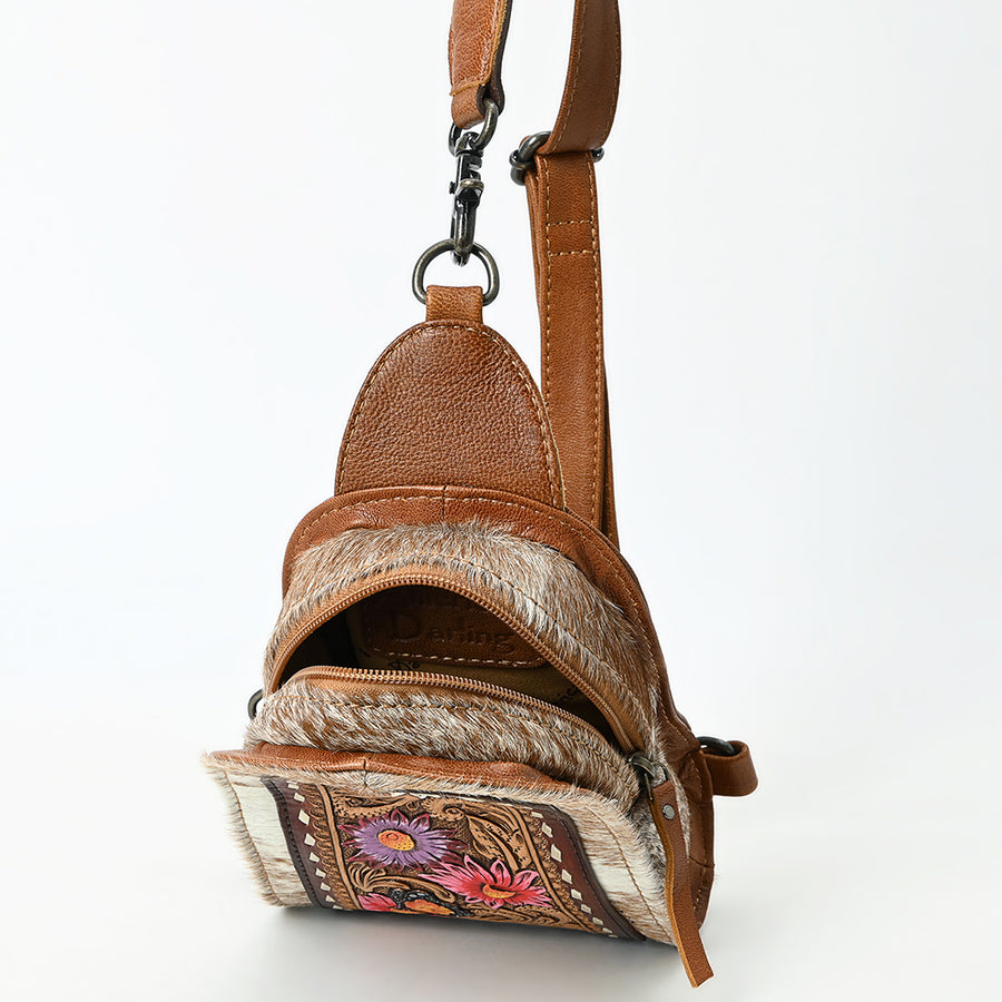 American Darling Sling Beautifully Hand Tooled Hair-On Genuine Leather women bag western handbag purse | Fanny Pack for