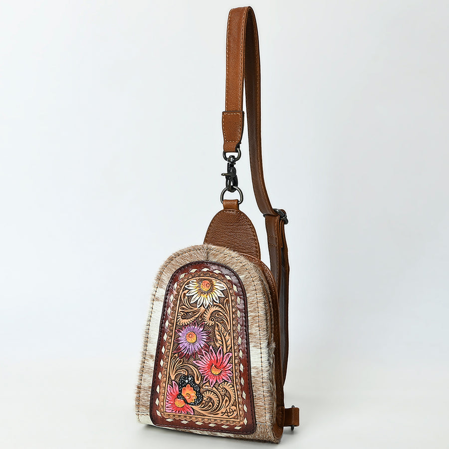 American Darling Handcrafted Western Leather Sling Bag with Hair-On Cowhide and Hand-Tooled Details - Uhorse