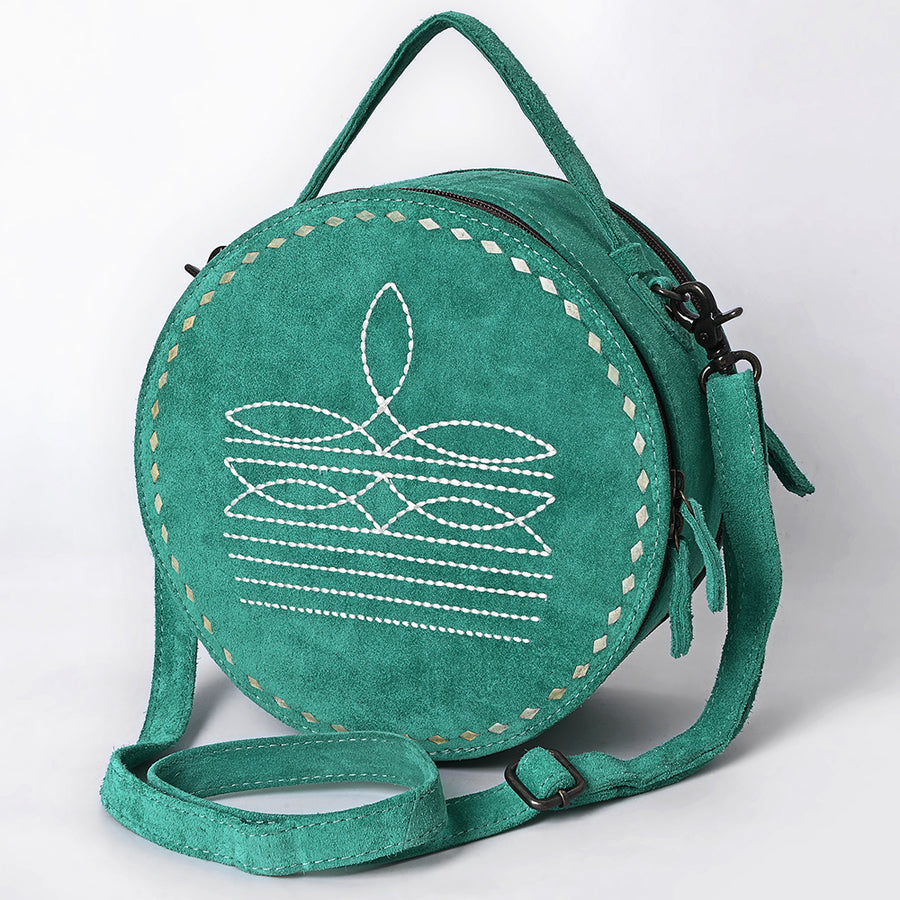 American Darling Western Genuine Suede Leather Canteen Bag with Stitch Detailing | Handcrafted Round Purse - Uhorse