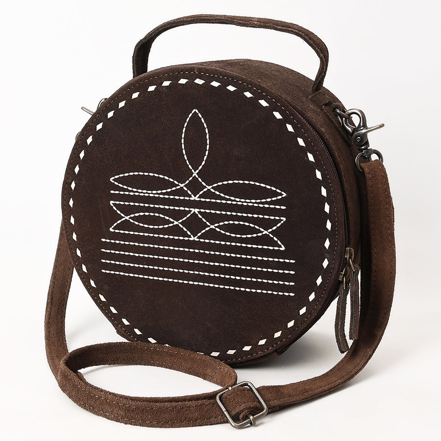 American Darling Western Genuine Suede Leather Canteen Bag with Stitch Detailing | Handcrafted Round Purse - Uhorse