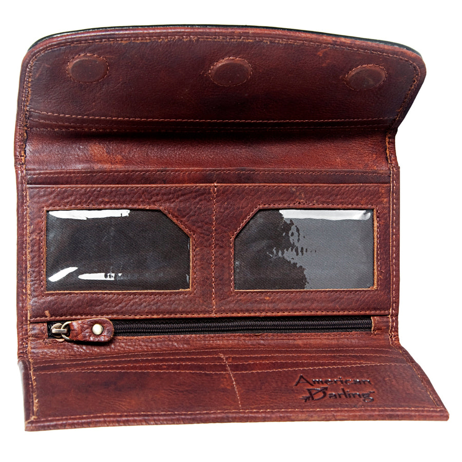 American Darling Wallet Hand Tooled Leather Clutch Vegetable Tanned Western Accessory 4in x 8in
