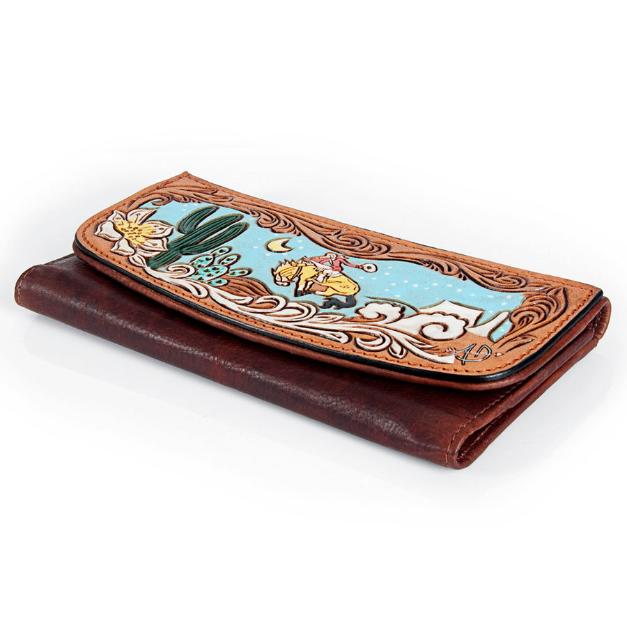 American Darling Wallet Hand Tooled Leather Clutch Vegetable Tanned Western Accessory 4in x 8in