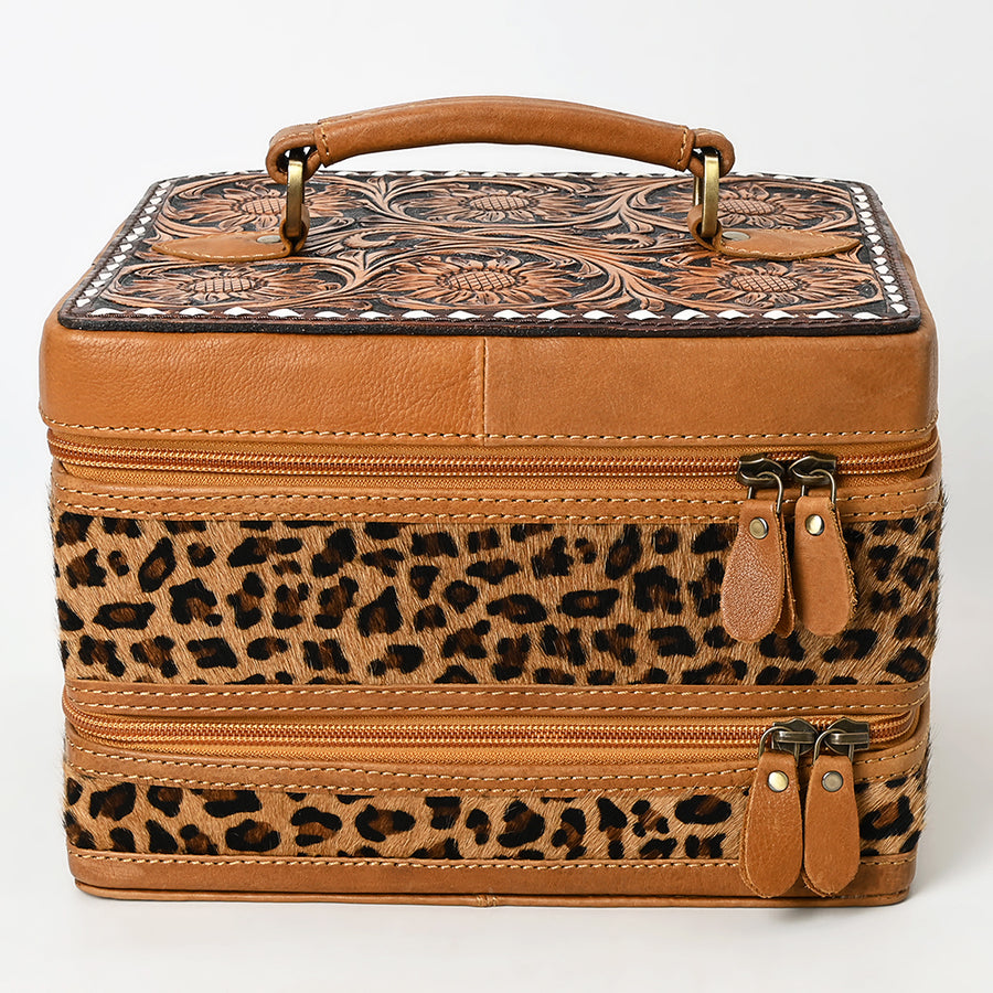 American Darling Hair-On Cowhide Hand Tooled Floral Carved Leather Jewelry Case Genuine Western Leather with YKK Zipper