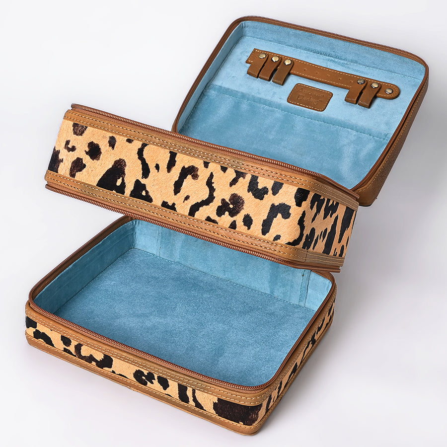 American Darling Hair-On Cowhide Hand Tooled Floral Carved Leather Jewelry Case Genuine Western Leather with YKK Zipper