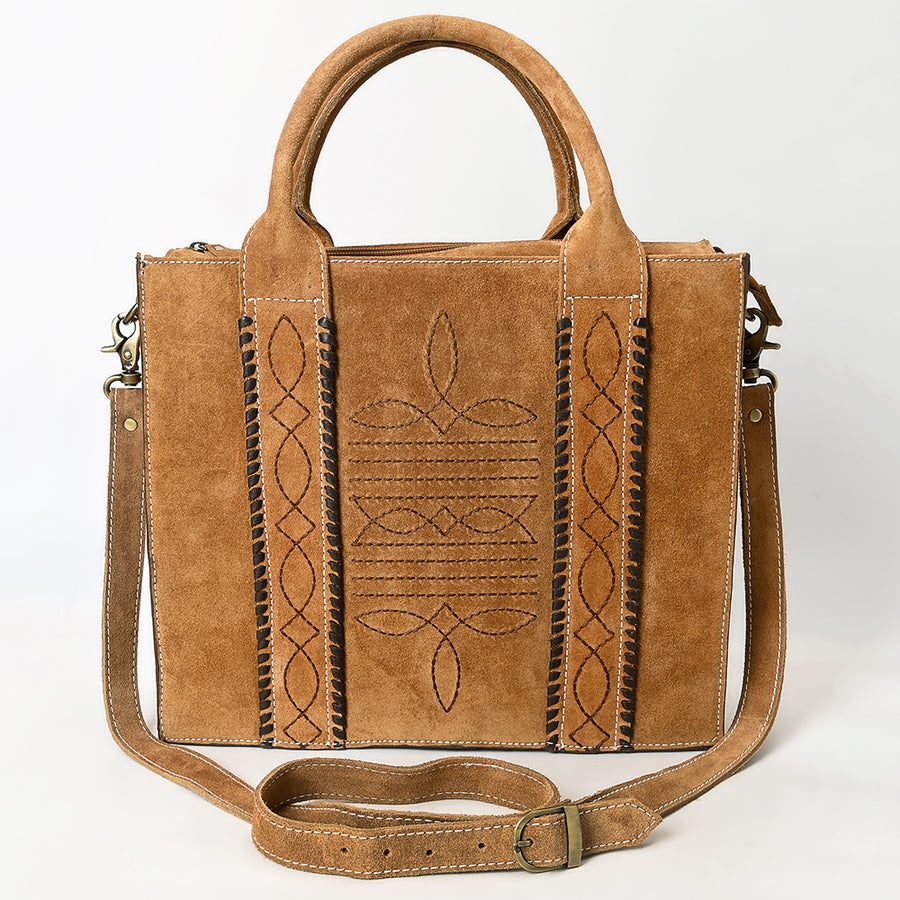 American Darling Tote Bag - Boot Stitched, Braided, Eco-Friendly Vegetable Tanned Genuine Suede Leather, Western Leather Handbag