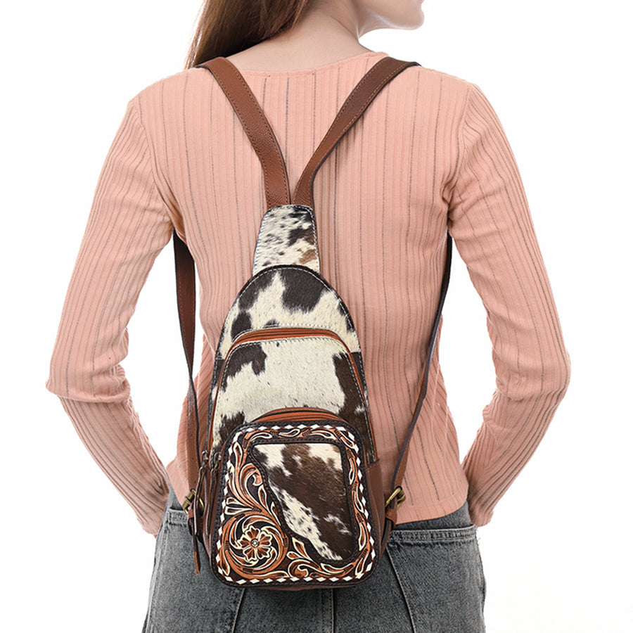 American Darling Sling Bag - Buck Stitched Floral Carved, Hair-On Cowhide, Eco-Friendly Vegetable Tanned Genuine Leather